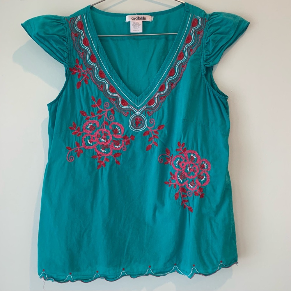 Available Teal Green Pink Floral Embroidered Flutter Sleeve Tank Blouse XS/S